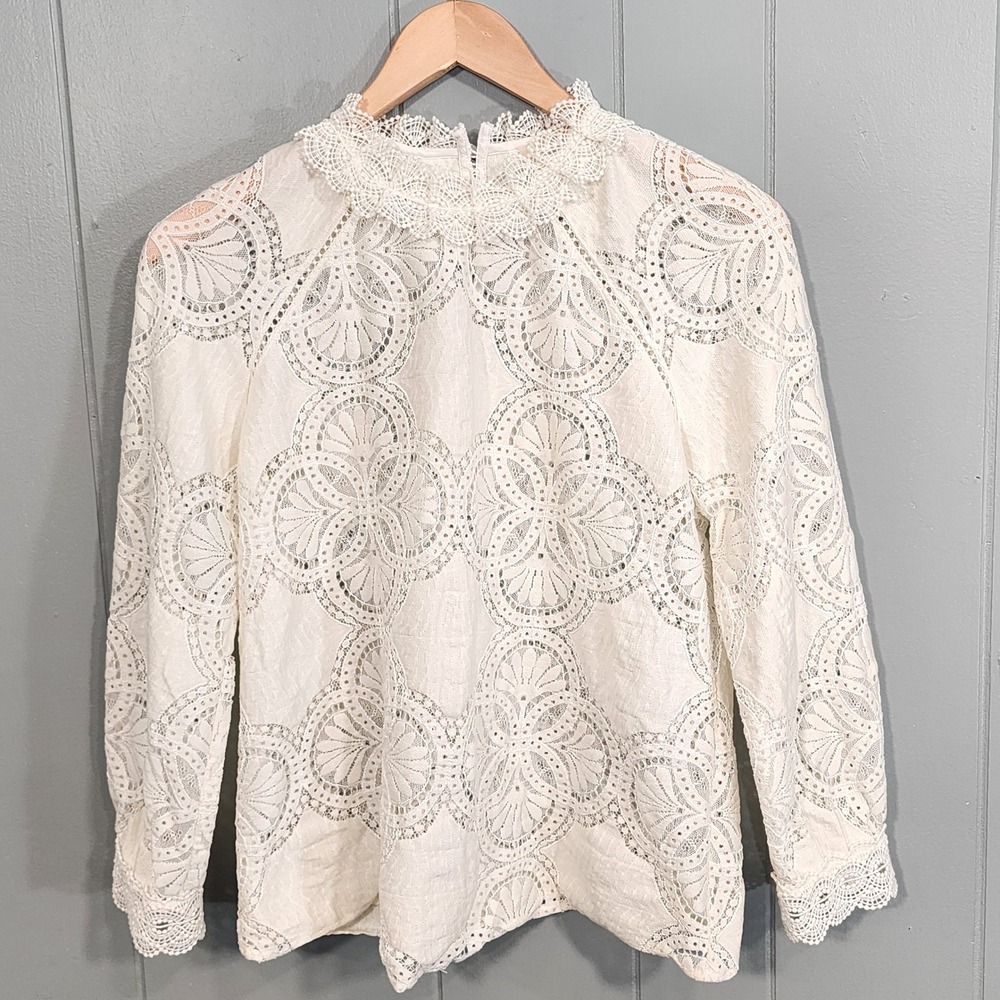 Sézane Top Blouse Womens FR 36 Ivory Lace Long Sleeve High Neck Bohemian